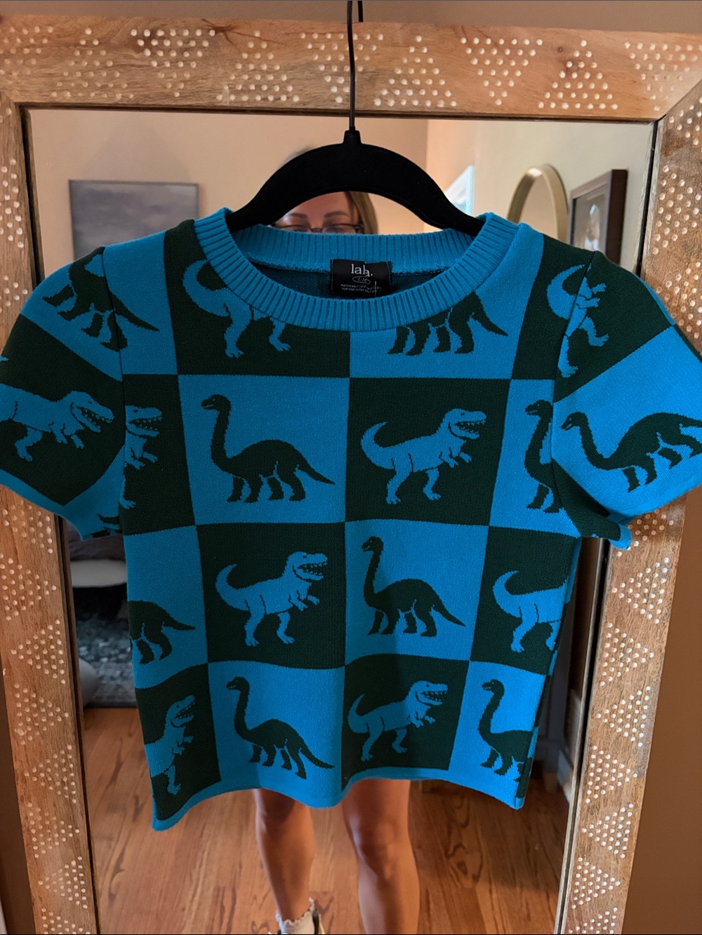 Dressed in LALA Blue and Dark Green Dinosaur Checker Knit Top